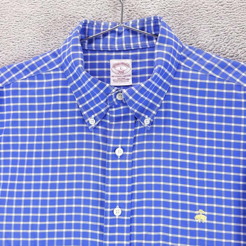 Brooks Brothers 346 Shirt Mens L Blue Check Oxford Supima Cotton Preppy
